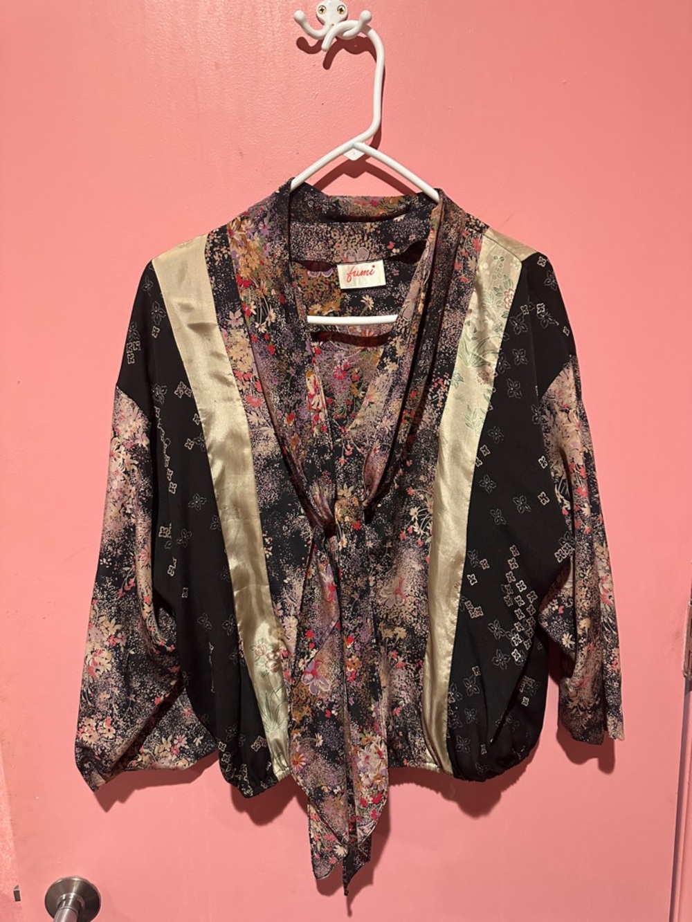 Fumi Black Floral Satin-Trim Tie-Neck Blouse made from kimono fabrics